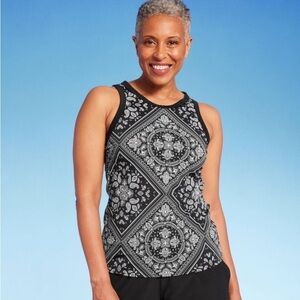 Lands' End Women's UPF 50 Bandana Print High Neck Tankini Top - Black
